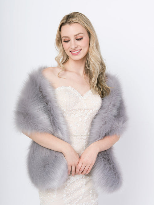 Women's Gray Faux Fur Wrap Bridal Wedding Evening Stole