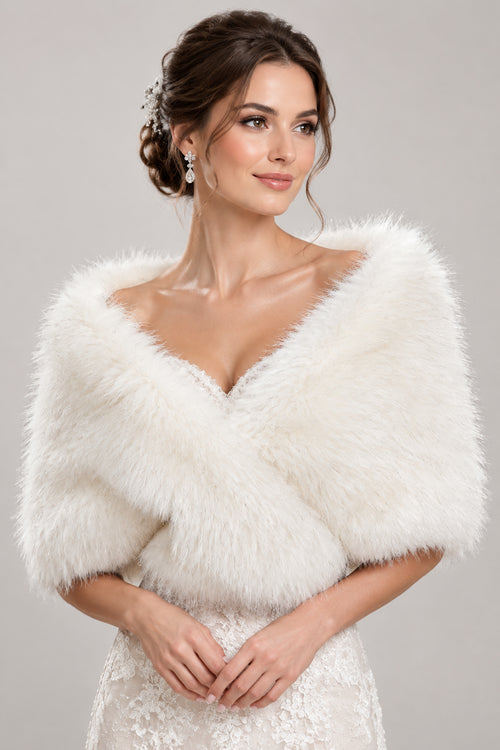 Women's Ivory Bridal Faux Fur Wrap - Formal Wedding Stole